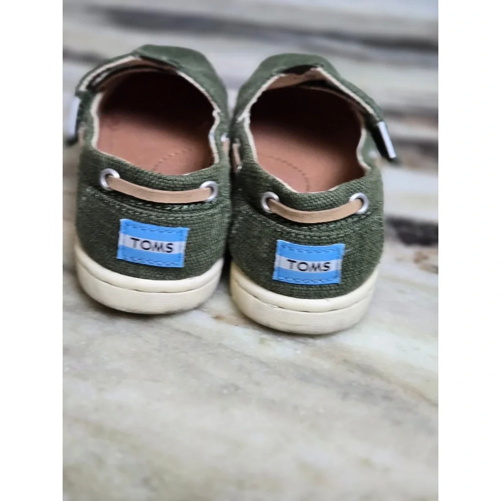 TOMS Kids Bimini Olive Green Canvas Slip On Boat Shoes‎ Hook Loop Size 10